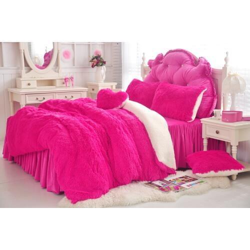Pink Shaggy Plush Duvet Cover Set Violet Faux Fur Bedding Twin Queen King Size Bedding Set with Blanket Cover Ruffle Bedskirt