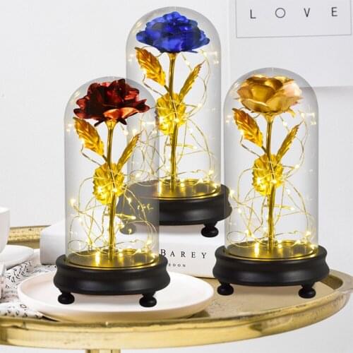 Beauty and The Beast Gold Foil Galaxy Rose LED Light Glass Dome Wedding Artificial Flowers Christmas Valentine Gift for Women