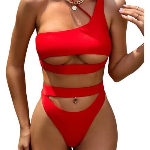 Swimsuit Women Irregular Oblique Shoulder Cutout Bikini Set Brazilian Ladies Solid Swimwear Beachwear Split Bathing Suits