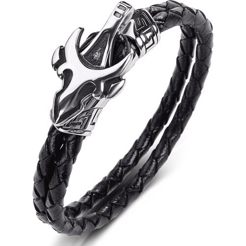 Fashion Stainless Steel Geometric Pattern Braided Leather Rope Bracelet Bangles Men Punk Rock Jewelry Male Weave Wristband P536