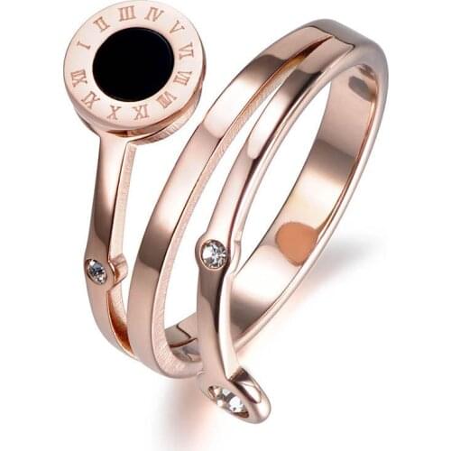 Mosaic Cubic Zirconia Roman Number Rings Jewelry Rose Gold Color Stainless Steel Shell Wedding Ring For Women R18008