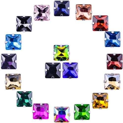 Multi-size square crystal glass sewing rhinestone silver bottom accessories with claws DIY womens 30PCS