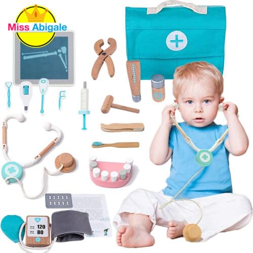 Kids Wooden Doctor Toy Set Simulation Family Doctor Nurse Medical Kit Toy Pretend Play Hospital Medicine Accessorie Children Toy