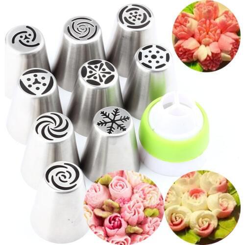 Stainless Steel 9Pcs Russian Icing Piping Nozzles Pastry Cake Tips And Decorating Cake Tips 1Pcs Coupler Converter