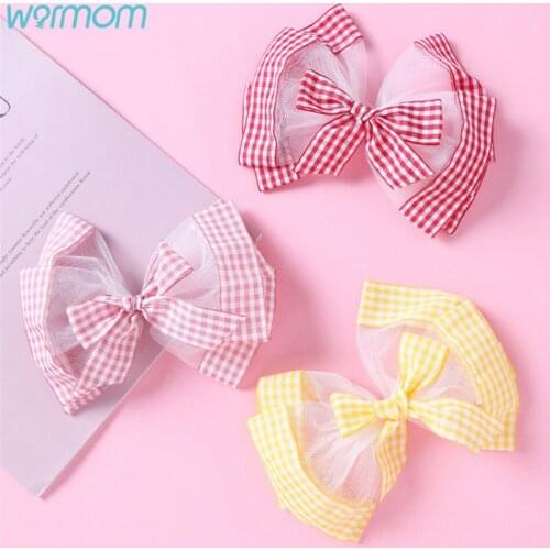 Warmom New Childrens Hair Accessories Handmade Cloth Checkered Double-Layer Bow Hairpin Girls Word Clip Ponytail Clip