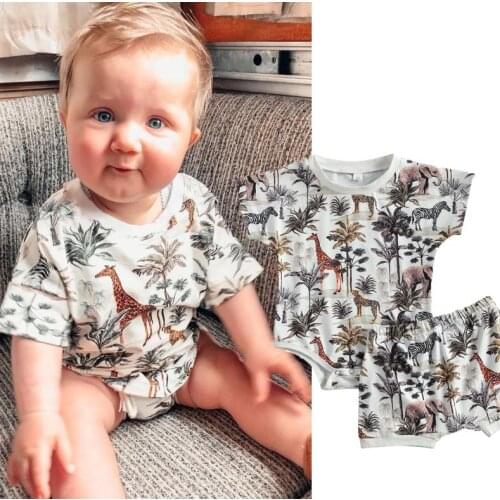 New Kids Baby Summer Outfit Set Short Sleeve Animal Print Romper Shorts Set Children Boys Girls Casual Clothing