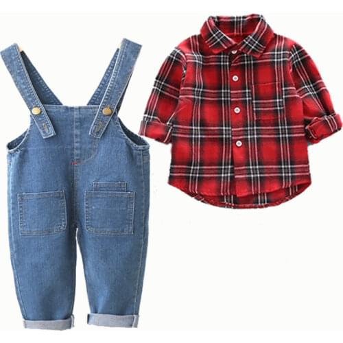 IENENS Boys Girl Clothes Kids Clothing Sets Baby Toddler Casual Outfits Children Long Sleeve Plaid Shirts + Overalls 1-4 Years
