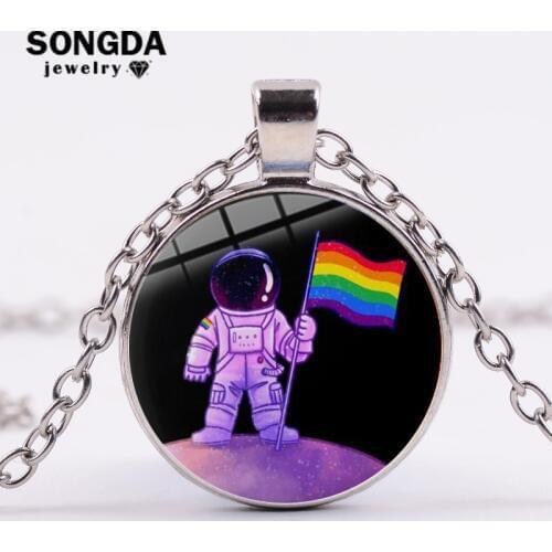 SONGDA Creative LGBT Lesbian Gay Pride Rainbow Flag Necklace Anti-discrimination Badge Glass Dome Pendant Necklace for Women Men