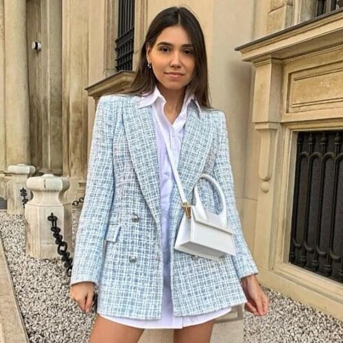 Spring Women New Casual Tweed Blazer Vintage Office Lady Autumn Jacket Coat double Breasted Outwear Female Chic Tops