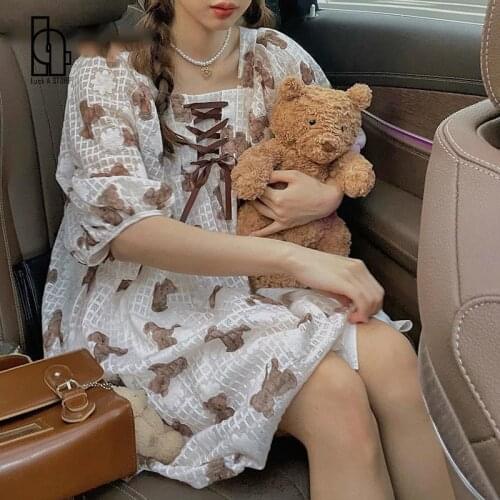 Luck A New Sweet Lolita Style Princess Dress Women Cute Cartoon Bear Puff Sleeve Bandage Mini Dresses Girls Kawaii Party Dress