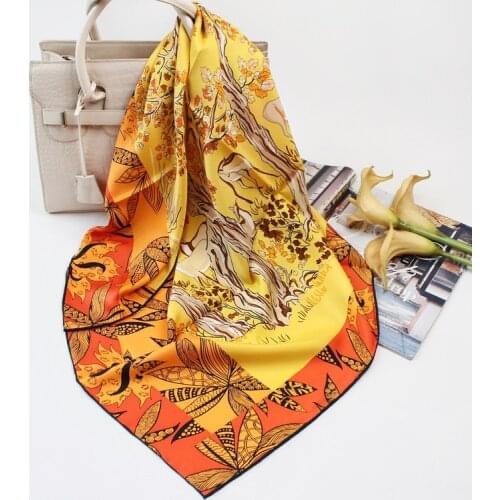 New Arrivals 90cm Silk Scarf Twill Silk Luxury Brand Neck Bandana Pashmina Lady Wrap "Small Deer" In Forest Vivid Color