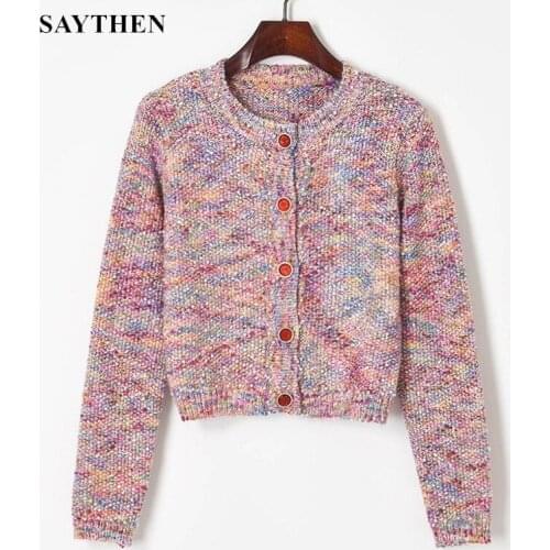 SAYTHEN Autumn And Winter Thick Sweater Knitted Cardigan Cropped Top Female Designer Pearl Beaded Short Knitted Jacket