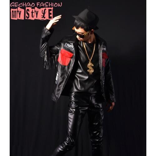 Stage Costumes Singers Mens black Tassels Jacket Rock Punk DJ Outfits Nightclub Male Leather Performance Costume