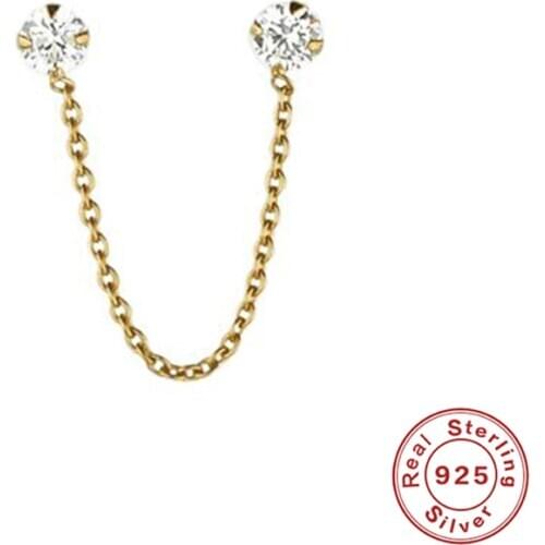 1 pcs Pretty 925 Sterling Silver Earrings Korean Hip Hop Four Claw inlaid Zircon Chain Threader Drop Cuff Earrings Unisex A30