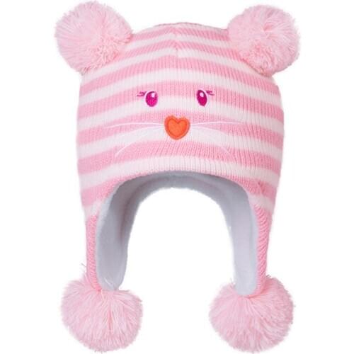 Earflap Hat Girl Winter Beanie Kid Knit Fleece Lining Pompom Cat Stripe Warm Outdoor Skiing Accessory For Baby Toddlers
