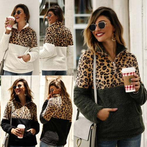 Women Winter Warm Fleece Fluffy Thick Leopard Patchwork Zipper Front Pockets Sweatshirt Hoodies Jumper Pullover Tops Outwear