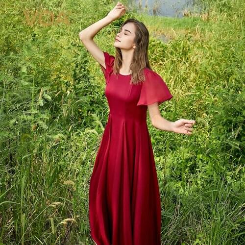 VOA 100% Silk Chinese Red O-Neck Summer Dresses for Women 2021 AE1016 Butterfly Short Sleeve Valentines Day Present Prom Dress