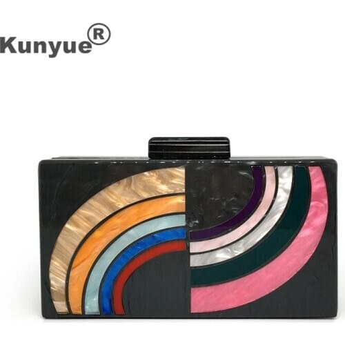Stylish New Women Rainbow Pattern Acrylic Evening Bag Stripe Patchwork Clutch Purse Wedding Party Dinner Trendy Box Chic Handbag