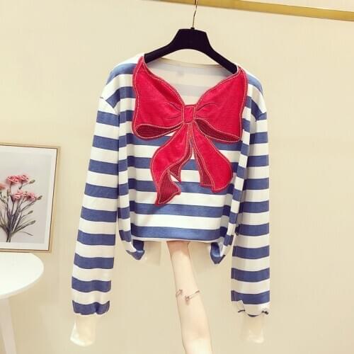 Luxury Design Womens Long Sleeves Red Bow Stripe Loose T-Shirt Tee 2020 Autumn Girls Pullover Casual Tops Tees A4169