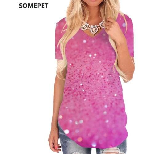 SOMEPET Pink T Shirt Women Shine V-neck Tshirt Art Shirt Print Novel Tshirts Printed Womens Clothing Fashion Loose Streetwear