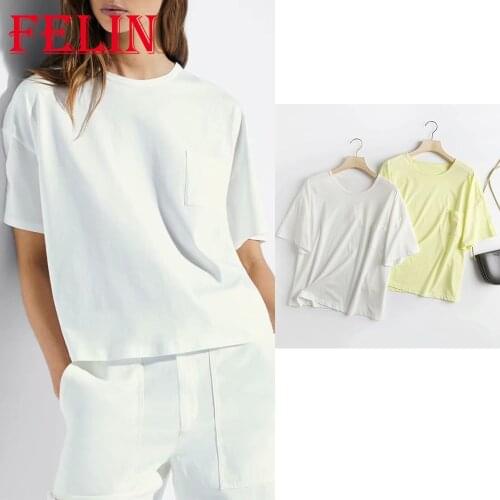 Women Vintage Solid White Oversized T-Shirts Za 2021 Pockets Oversized Summer Short Sleeve 100% Cotton Tees Shirts Mujer Tops