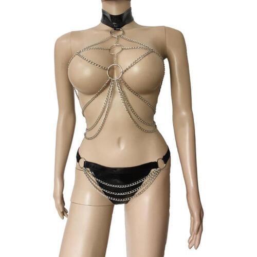 Womens Sexy Metal Chain Bondage Drape Open Breast Top Vest with Studded Patent Leather Thong Bikini Lingerie Set Fetish Costume