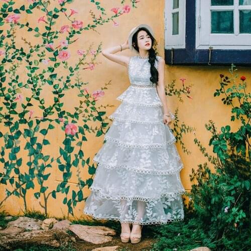 High Quality Elegant Layered Embroidery Lace Cake Dress Women Long Dress Sleeveless Fairy Party Dress Vestidos Mujer Robe Femme