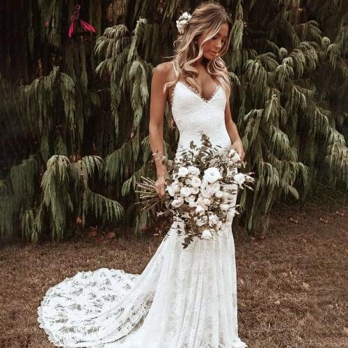 Sexy Spaghetti Strap Mermaid Wedding Dress Boho Backless Simple Wedding Dress 2021 White Ivory Bridal Dress Vestido de noiva