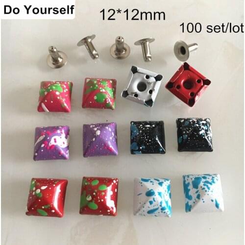100 Sets of Colorful Painted Punk Rock Spike Rivet Studs 12*12mm Plump Pyramid Metal Rivet Studs With Silver Back,Square Rivets