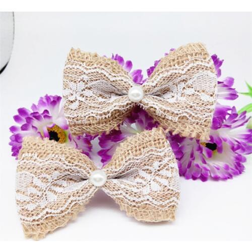 100pcs Jute Burlap Hessian Bowknot white lace ribbon Vintage Wedding Decoration jute Burlap bow Scrapbooking Hair Hat craft