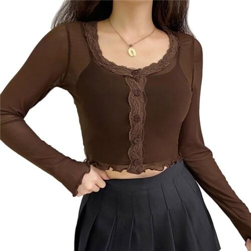 2021 Fashion Women Ladies See-Through Fall Long-Sleeved Tops Party Round Neck Loose Lace Cropped T-shirts Buttons Spring Tees