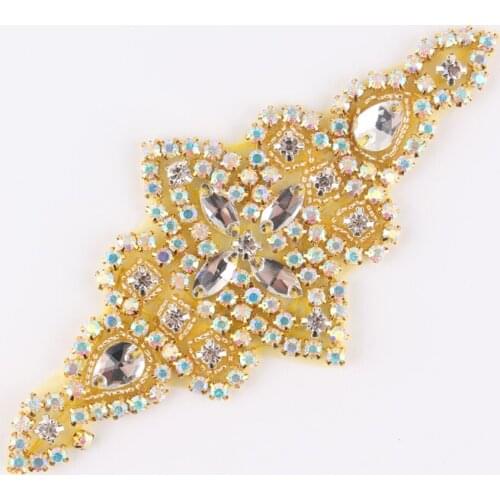 30pcs/lot)Wholesale Gold Base Crystal Rhinestone Appliques Patch Hot-Fix Beaded Wedding Applique Motif Flower Rhinestone