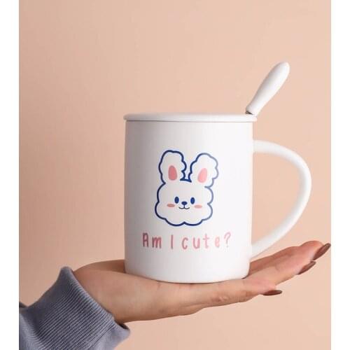 Simple line ceramic mug with lid spoon personality creative water cup milk coffee cup B298