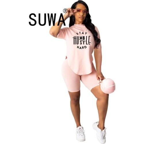 Classic Letter Printed Vintage Casual Two Piece Sets Womens Outfits Pullover Summer T-Shirt Top Biker Shorts Streetwear