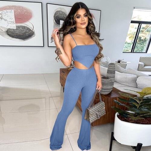 TNNAOFF Knitted Two Piece Set for Women Sleeveless Spaghetti Strap Tube Top Sexy Elastic Flare Pants Night Party Matching Sets