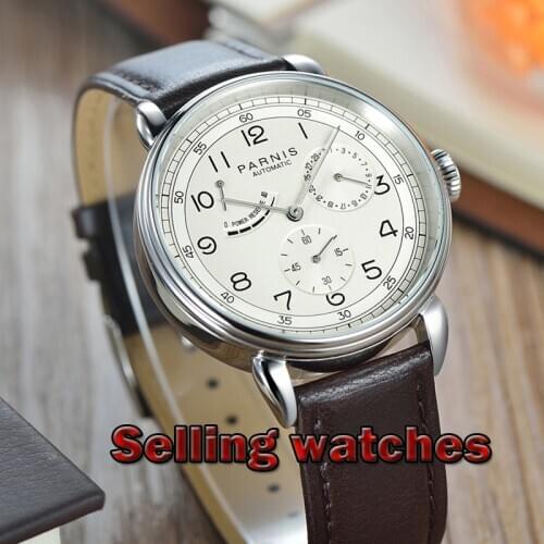 New Arrive Polished Vintage Mens Watch 42mm Parnis White Dila DATE Power reserve Sea-gull Automatic Movement Mens Watch