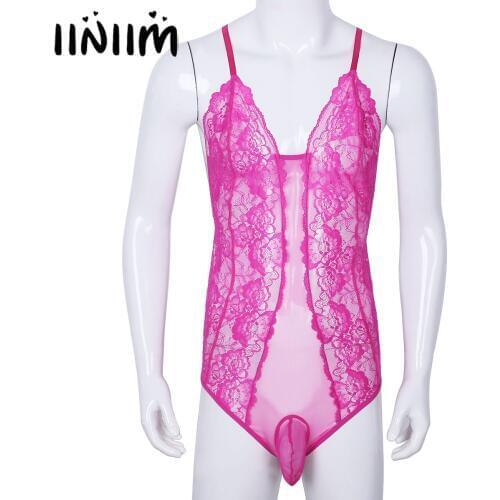 Mens 2018 Bodystocking Sheer Crossdress Lingerie Adjustable Spaghetti Straps Lace Black Sissy Pouch Bodysuit Nightwear Sleepwear