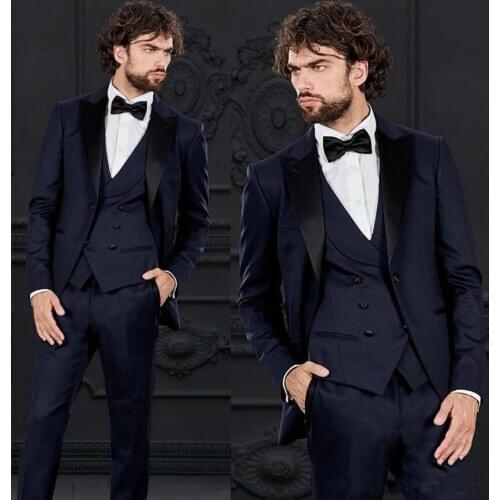 Men Wedding Dress 2020 Slim Fit Smoking Navy Blue Tuxedo Jacket Peaked Lapel Groom Formal Suit Men 3 Piece Wedding Best Man Suit