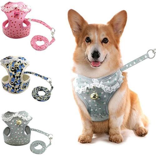 Soft Mesh Pet Puppy Dog Cat Harness Leash Set with Bell Cute Lace Pet Vest For Small Medium Dogs Chihuahua Yorkie Teddy S M L XL