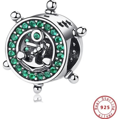 New Original 925 Sterling Silver Beads Travel Anchor Rudder Charm Green Stone Fit Pandora Bracelets Women DIY Jewelry Dropship