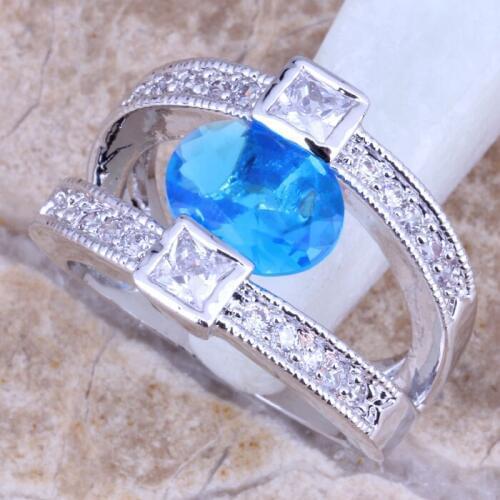 Charming Sky Blue Cubic Zirconia White CZ Silver Plated Ring Size 6 / 7 / 8 / 9 R0319