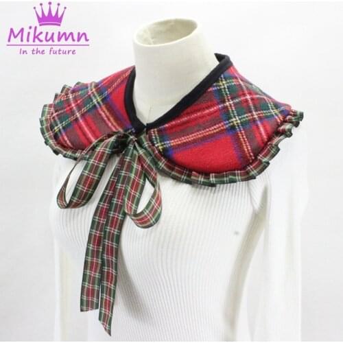 Autumn Winter Red Plaid Woolen Fake Collar For Women Detachable Peter Pan Collar Bowknot Lace-up False Collar Accessories