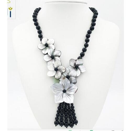 New Natural Stone Onyx Black Mosaic stone Shell Flowers Handmade Tassel Necklace