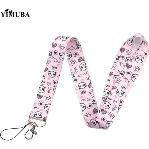 Pink Mini Cartoon Print Panda Lanyards Key Chain Cute Mobile Phone Rope Neck Straps with Key Ring Cute Animal Keychain Ornaments