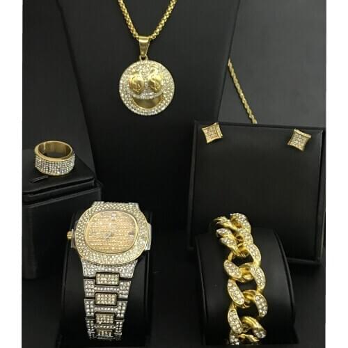 Luxury Men Watch Hip Hop Watch & Necklace & Bracelet & Earrings & Ring Combo Smiley Face Pendant Ice Out Cuban Jewelry For Men