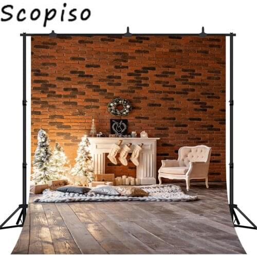Scopiso Photography Background Brick Wall Christmas Tree fireplace Wood floor Baby family portrait Photo Studio prop Backdrops