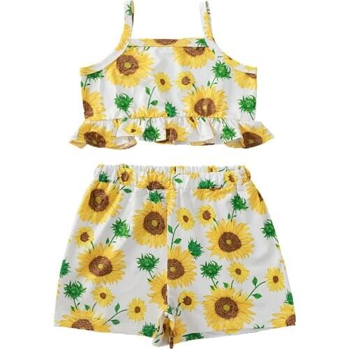 Baby Kids Girls Sunflower Clothes Set Summer Toddler Outfits Flower Print Sleeveless Vest Top Shorts Sets Children Clothing