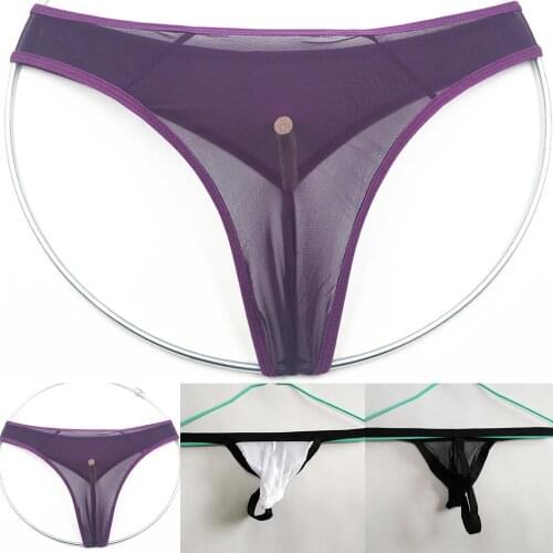 Mens Micro Thong Underwear See-through Mini G-Strings Pouch Breathable Briefs Panties Romantic Purple Sexy T Pants