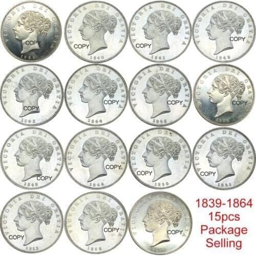 Great Britain 1839-1864 a package sold 1839 40 41 42 43 44 45 46 48 49 50 51 1853 1862 1864 Cupronicke Plated silver Copy coins