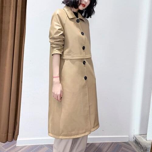 Spring Autumn Womens New Designer High quality Sheepskin Leather Trecn coat Hot Chic Genuine Leather overcoat B484